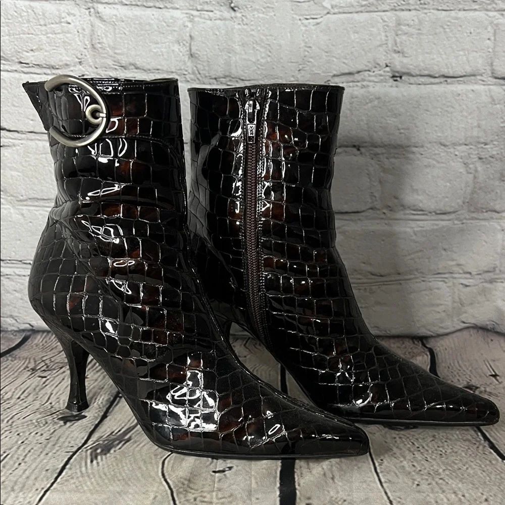 * Stuart Weitzman Glossy Black Croc Heeled Boots